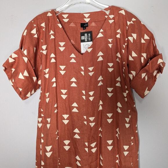 Lisa Bayne Orange V-Neck Short Sleeve Linen Dress Triangle Print Cuffed Sleeve M - Picture 5 of 10